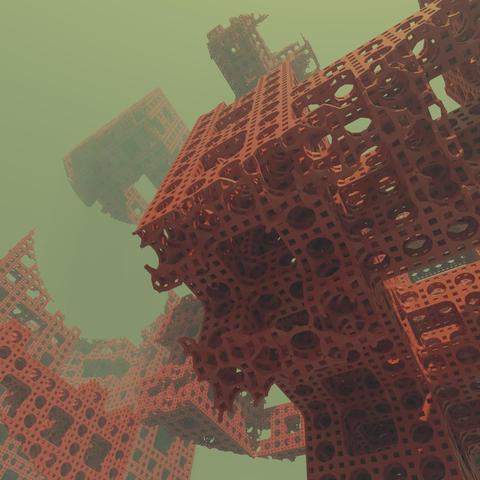 Rusty grid-like scaffolding with sharp edges and parts cut out floating in a murky green volume