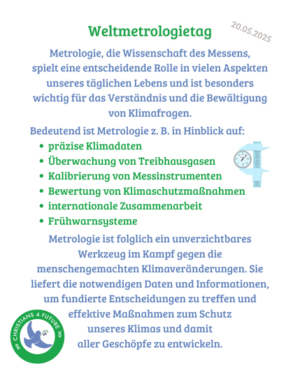Ein stilisiertes Messinstrument. Unten links das Logo der Christians for Future.
Text: 
"Weltmetrologietag - 20.05.2025.
Metrologie, die Wissenschaft des Messens,
spielt eine entscheidende Rolle in vielen Aspekten unseres täglichen Lebens und ist besonders wichtig für das Verständnis und die Bewältigung von Klimafragen.

Bedeutend ist Metrologie z. B. in Hinblick auf:
präzise Klimadaten
Überwachung von Treibhausgasen
Kalibrierung von Messinstrumenten
Bewertung von Klimaschutzmaßnahmen
internationale Zusammenarbeit
Frühwarnsysteme

Metrologie ist folglich ein unverzichtbares Werkzeug im Kampf gegen die menschengemachten Klimaveränderungen. Sie liefert die notwendigen Daten und Informationen, um fundierte Entscheidungen zu treffen und effektive Maßnahmen zum Schutz
unseres Klimas und damit
aller Geschöpfe zu entwickeln."
