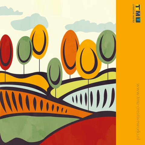 Minimalist-abstract landscape featuring fields, trees and a light sky with few clouds. The colours green, red, orange, blue and brown are inspired by late summer and early autumn.