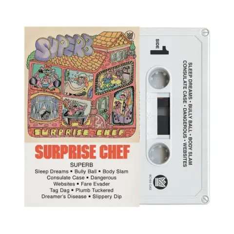 Withe cassette tape half out of a slip case with colourful 70s soul inspired artwork. Band name in orange bold with track titles below it on white background