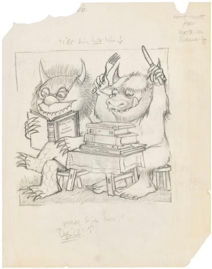 Early sketch depicting the Wild Thing characters that Sendak came to call Bernard and Moishe. Moishe has his reading glasses on and is engrossed in a finely bound copy of fairy tales. Bernard is preparing to feast on a stack of books. The authors reflect some of Sendak's own favorite children's authors: the spines show books by Richard Hughes, the Brothers Grimm, Randolph Caldecott, and William Nicholson.