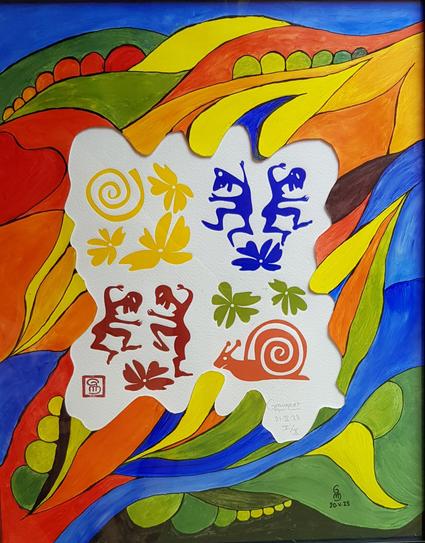 Des personnages danses au milieu de fleurs. Un escargot se promène. Tout autour, par dessus l'estampe, comme une sorte de passe-partout une peinture abstraite reprend les formes organiques de l'estampe. Les couleurs sont plutôt vives dans un dégradé pour chaque primaire et secondaire.