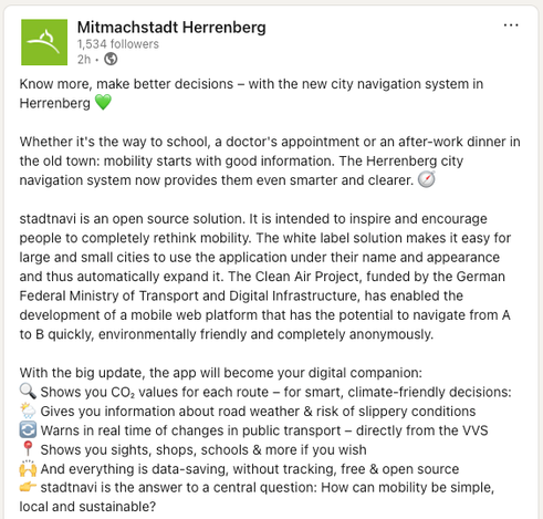 A detailed LinkedIn post by Mitmachstadt Herrenberg promoting their city’s new navigation app called "stadtnavi." The post highlights the app’s open-source nature, benefits like CO₂ tracking, weather and public transport updates, and its anonymous, data-saving design. It positions stadtnavi as a scalable, white-label solution for rethinking urban mobility.