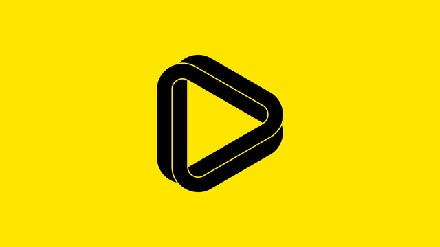 The logo is an infinite loop forming a rounded triangle play symbol, black on yellow.