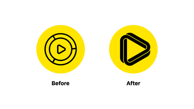 Old and new logo side by side. The app already had an icon featuring a play button. The new logo reinterprets it into a more unique symbol.