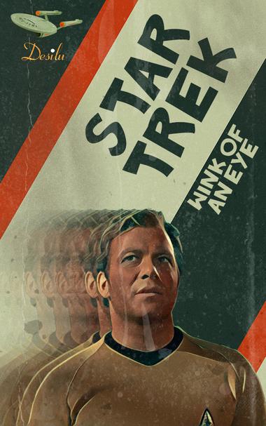 A poster for the Star Trek episode Wink of an Eye, featuring Capt Kirk standing, but with a motion blur.