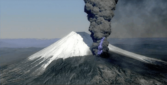 Smoke emerges from the flank of an erupting Mt. Fuji. Artist's depiction of historical event.