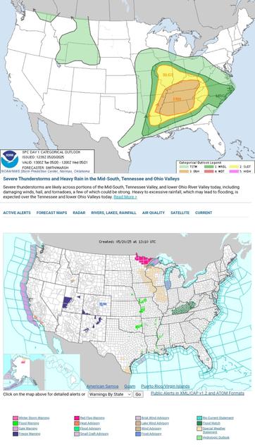 Multiple rounds of severe thunderstorms are expected today through this evening, centered on the Mid/Deep South, Tennessee/Lower Ohio Valleys, and Cumberland Plateau. Tornadoes, some of which could be strong, along with scattered to widespread damaging winds, and large to isolated significant severe hail will be possible. WeatherAwareDay #weather #wx #SPC #TheOutPost #SevereWeather  

Severe Thunderstorms and Heavy Rain in the Mid-South, Tennessee and Ohio Valleys
Severe thunderstorms are likely across portions of the Mid-South, Tennessee Valley, and lower Ohio River Valley today, including damaging winds, hail, and tornadoes, a few of which could be strong. Heavy to excessive rainfall, which may lead to flooding, is expected over the Tennessee and lower Ohio Valleys today