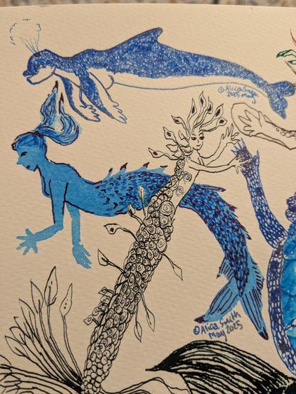 A mermaid, with her hair tied up and floating in the water. First painted as a silhouette in diluted blue, then details sketched in with high sheen and sparkly inks.