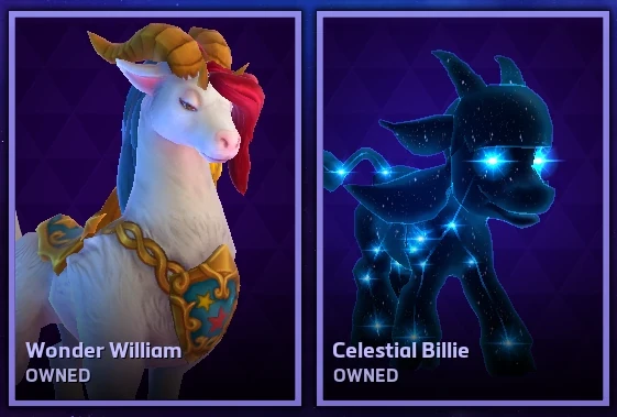 A cropped screenshot of the Heroes of the Storm cosmetics shop.
From left to right:
Wonder William - a majestic white capricorn.
Celestial Billie - his younger version, made of darkness and stars.