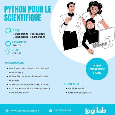 Formation Python pour le scientifique les 3 et 4 juin prochains à Paris 

Au programme : du numpy, de la visualisation de données, de l'analyse de données avec Pandas et du calul avec Scipy.