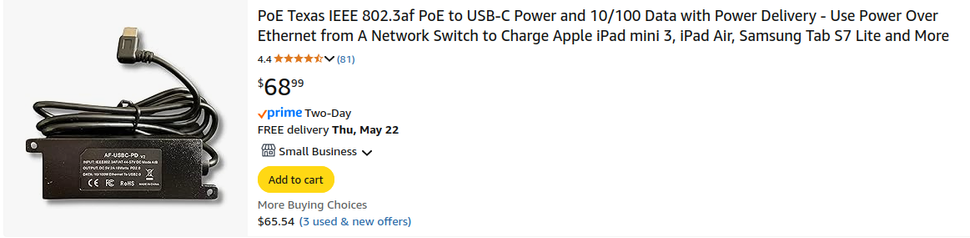 screenshot of poe to usb-c adapter that in the title lists Texas as part of the description of the item.