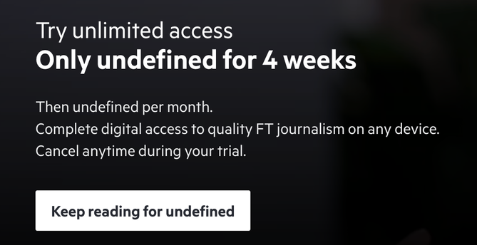 Try unlimited access
Only undefined for 4 weeks

Then undefined per month.
Complete digital access to quality FT journalism on any device. 
Cancel anytime during your trial.

Keep reading for undefined