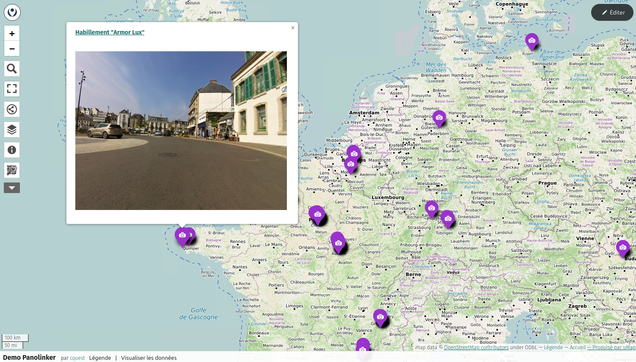 Copie d'écran d'une carte uMap montrant un point d'intérêt et sa photos Panoramax associée.