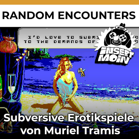 Im Zentrum des Bildes ist ein Screenshot aus dem Spiel: Dieser zeigt, in Pixelgrafik, eine halbnackte Frau an einem Strand und neben ihr einen kleinen Maus-Cursor in der Form von Amor, einem nackten Männlein mit Flügeln und Pfeil und Bogen. Darüber steht in großen Lettern: Random Encounters. Unter dem Screenshot steht: Subversive Erotik von Muriel Tramis.