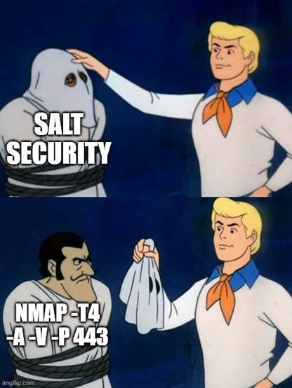 The scooby doo meme where the mask of the ghost is removed to reveal it's actually a person. Top caption reads "salt security" the bottom caption reads "namp-T4 -A -v -P 443"