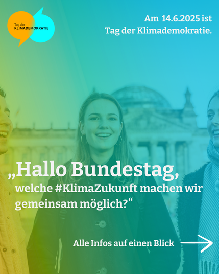 Junge Leute stehen vor dem Reichstag. Sie sagen: "Hallo Bundestag, welche #Klimazukunft machen wir gemeinsam möglich?" Darüber steht: "Am 14.6. ist Tag der Klimademokratie."