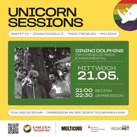 Dining Dolphins bei den UnicornSessions im Ruefetto mit anschließender JamSession. Los gehts am 21.05.2025 um 21:00 Uhr