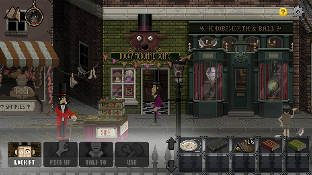 A pixel art scene from a point & click adventure game showing a shop with a grotesque dog head sign wearing a hat above the door on a Victorian London street.