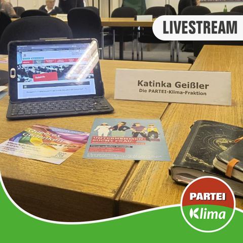 Auf dem Tisch vor Katinka steht ihr Laptop, ihr Namenschild und liegen einige Flyer u. a. zum Thema Queerness.