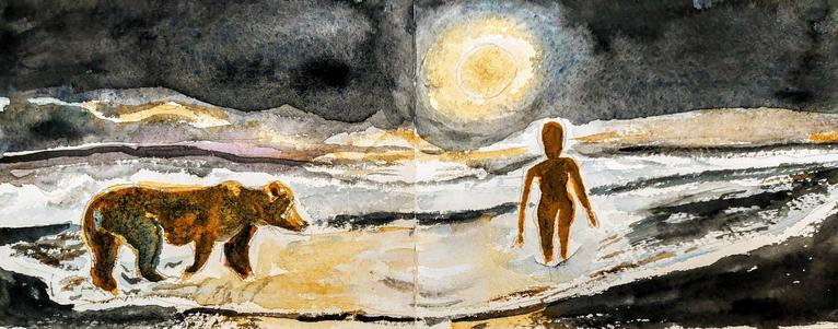 Woman wades into black water by moonlight followed by a bear