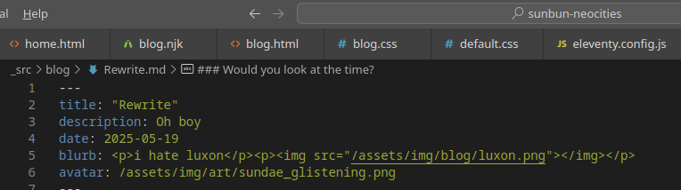 cropped screenshot of visual studio code showcasing the markdown file that the blog reads from to render as HTML

the blurb frontmatter data is written with html tags