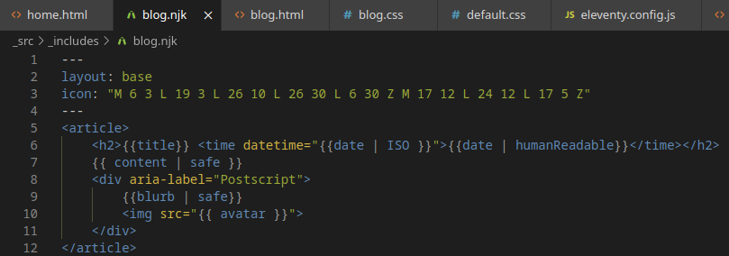 ditto, showcasing how the blog's nunjucks templating is laid out. the brackets that call for the blurb's template is bare, as opposed to others being encased in HTML tags