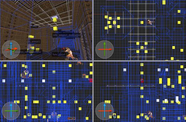 Screenshot of the level editor program Trenchbroom cropped to display only the 3D and grid editor views. The 3D view is from roughly the same position and angle as the previous screenshot. A group of brushes representing a drop ceiling has been opened and is ready for editing.