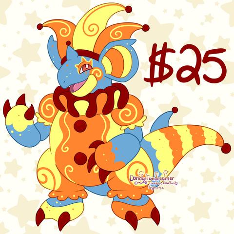 the pokemon nidoqueen redesigned as a silly clown

they have a jester hat colored orange and yellow with red pomopms and rim, they wear a red neck rufffle with oraneg and yellow under it, they have a orange and yellow clown outfit with red pomopms and on their hands legs and tail are orange and yellow patterns with red claws and pompoms