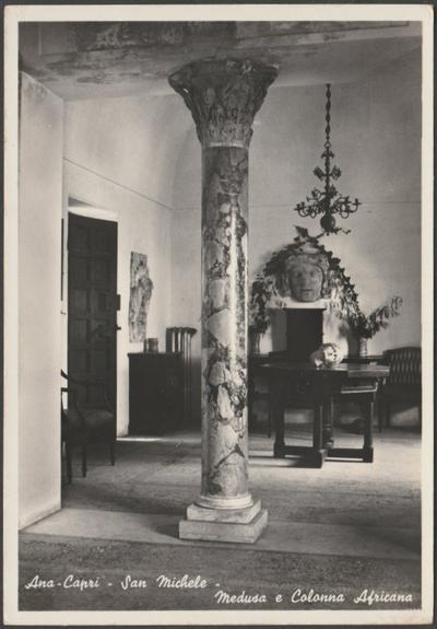 Monochrome real photographic postcard showing a view of the interior of the Villa San Michele in Ana-Capri or Anacapri on Capri in Campania, Italy and with the medusa's head and African column.

Published by Vittorio Massimino, Ana-Capri, printed by Carcavallo, Napoli, Fotocelere, not numbered, c.1950.

Postally unused.

Good condition, with very slight corner bumps, but small scuff to bottom right corner.