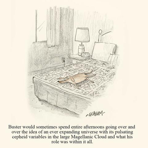 A cartoon illustration of a dog lying on a bed thinking. Caption reads "Buster would sometimes spend entire afternoons going over and over the idea of an ever expanding universe with its pulsating cepheid variables in the large Magellanic Cloud and what his roles was within it all."