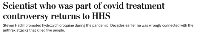 Headline discussing Steven Hatfill, a scientist involved in COVID-19 treatment controversies and previously linked to anthrax attacks.