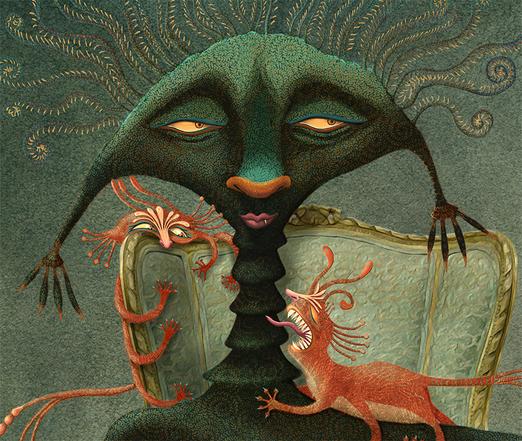 A rather stern creature, deep green in color and patterned in intricate and interlocking swirls, relaxes upon an ornate upholstered chair. She gazes languidly into the distance, while her three six-legged felines of vivid orange mewl for attention. One clawed tentacle dangles a toy playfully for her pets. NOTE: This description is created especially for my lovely blind friend, Georgiana. :-)
