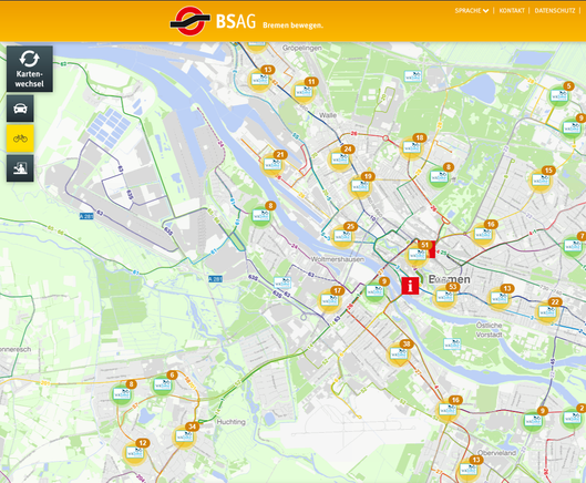 Screenshot von www.bsag-netz.de, der die Standorte freier Leihfahrräder auf einer interaktiven Karte von Bremen anzeigt.
