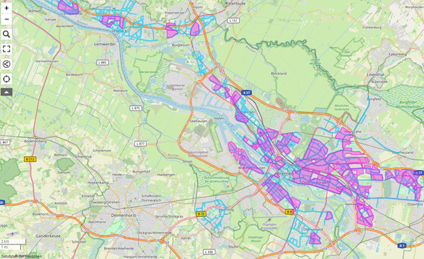 Eine uMap-Karte von Bremen, auf der die pinken und blauen kostenlosen Rückgabezonen für Nextbike-Leihräder eingezeichnet sind.