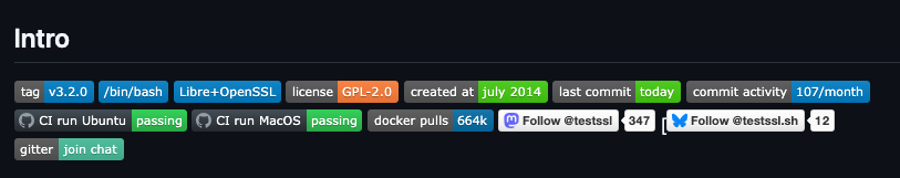 Badges in the Readme @ github, including the Github runners for Ubuntu and MacOS