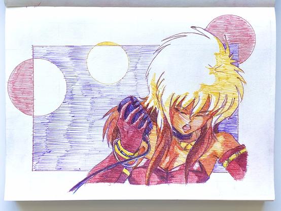 An ink pen illustration of an anime woman singing into a handheld mic in a dark space, surrounded by spotlights.  She has light skin and a big bright blonde hairdo that falls over her shoulders.  She's wearing a red leather corset with matching arm-length gloves.