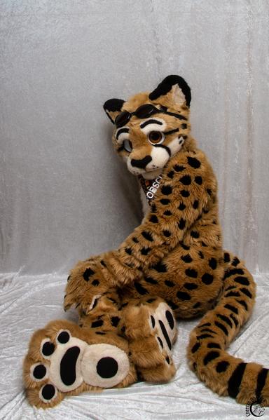 Fursuit photo of Obscura lounging on the ground showing off their footpaws