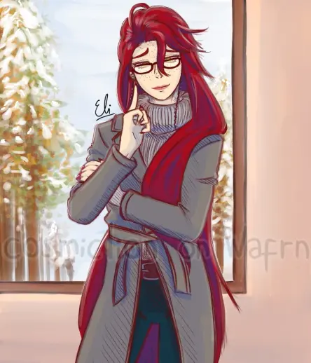 Digital fully rendered illustration of Grell Sutcliff from Black Butler, drawn from the knees up. She is wearing a grey sweater, blue jeans with a brown belt and a grey coat. Her nails are painted red and her hair is slicked back. She is resting her left hand on her right arm and putting her right index finger to her face, smiling at the viewer. The background is a peach colored wall and a big window through which some snow covered pine trees and a grey sky can be seen.