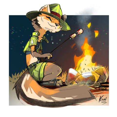 A pine marten wearing a park ranger uniform, roasting marshmallows over a campfire.