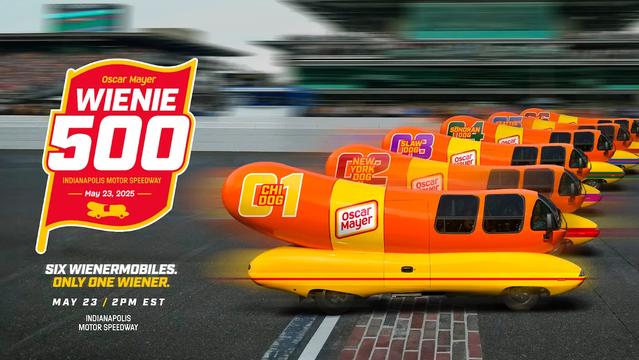 Flyer for the Wienie 500 race at Indianapolis Motor Speedway on May 23 with six Wienermobiles crossing the finish line.