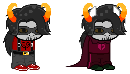 Stylized Homestuck walksprites of a troll!Rendog, one of him in his normal outfit and one of him in god tier as the Knight of Heart. He has dog ears in his god tier form.