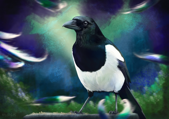 A digital painting of a European magpie, set against an abstracted background of greens, purples and blues, to express the shimmering colours of its feathers in the sunlight. The bird itself stands upright and alert on a log, legs slightly splayed, beady black eye looking off to the left.