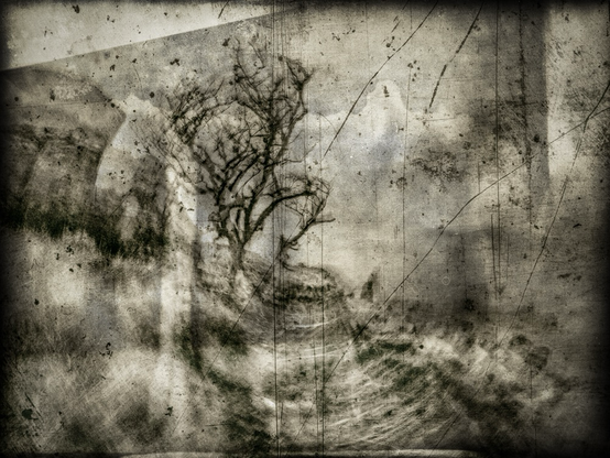 Sepia, mono, intentional camera movement image of Ingra Tor, Dartmoor, presented as an aged scratched image