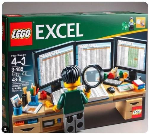 A parody image of a LEGO Excel set, featuring a LEGO minifigure in business attire looking at spreadsheets across three monitors on a desk. The desk includes office supplies and the box has typical LEGO set styling with a piece count range of "4-J" and other mock product details.