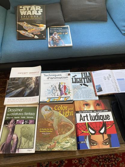 A pile of used art books on how to paint and draw fantasy and science fiction subjects, and retrospective of game art directors.
Techniques d'animation
Pour le dessin animé, l'animation 3D et le jeu vidéo

Dessiner des créatures fantasy
Dragons Esprits - Trolls Démons...
Color and
Light
Jean-Samuel Kriegk / Jean-Jacques Launier
Art ludique