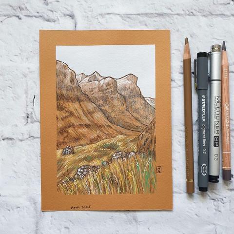 A small drawing of the Three Sisters of Glencoe. A highland mountain scene. The drawing is on terracotta coloured paper. It measures 5 by 7 inches.
The Three Sisters of Glencoe are among the most iconic and breath taking sights in the Scottish Highlands. These three towering ridges dominate the landscape of Glencoe, offering a dramatic and awe-inspiring view.
An original art work
Colour pencil and mixed media on acid free toned artist paper
5 by 7 inches (12.7 by 17.8 cm).
Sold unframed