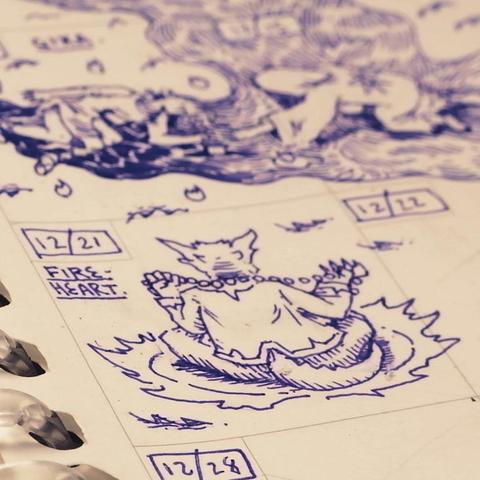 12/21: "Fireheart." Drawing of the back of a kobold monk sitting in a ring of fire, passing beads thru his hands