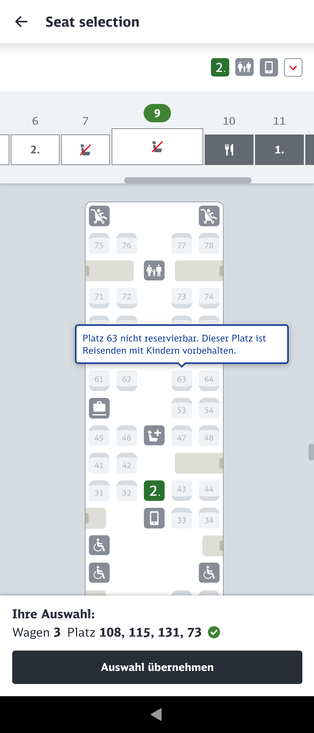Screenshot des DBnavigator mit Plätzen eines ICEs und verschiedenen Piktogrammen, u.a. für den Familienbereich (Erwachsene Person mit 2 Kindern an der Hand).