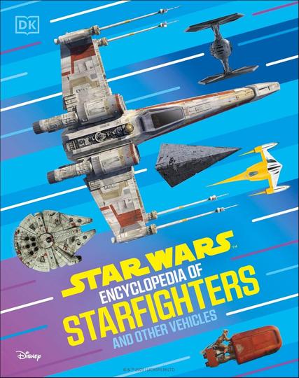 Couverture du livre Star Wars Encyclopedia of Starfighters and Other Vehicles.
Le fond est dans des teintes de bleu et violet.
Il y a des vaisseaux sur cette couverture : de haut en bas : un X-Wing, un chasseur TIE, un destroyer stellaire ( /Star Destroyer/ ), un chasseur naboo N1, le Faucon Millenium, le speeder de Rey.
Dans le coin supérieur gauche, il y a le logo de l'éditeur DK, dans le coin inférieur gauche, celui de Disney et en bas au centre, les mentions de copyright et de trademark de Lucasfilm.
Pas de nom d'auteur a priori.